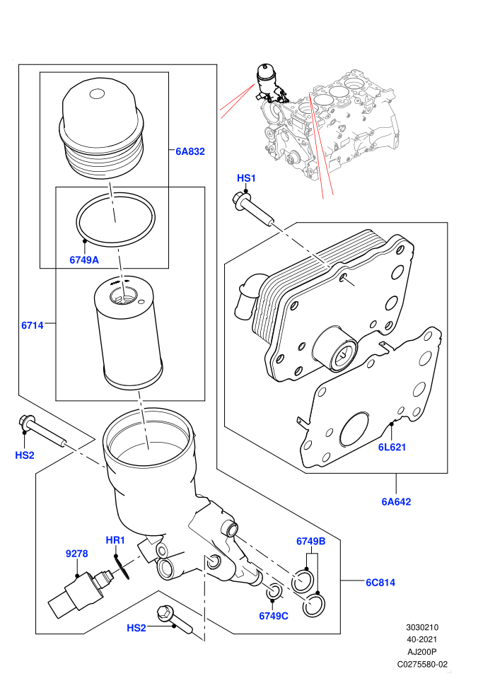 Oil Cooler And Filter (2.0L AJ200P Hi PHEV,2.0L I4 High DOHC AJ200 Petrol,2.0L I4 Mid DOHC AJ200 Petrol)(Solihull Plant Build)((V)FROMHA000001)