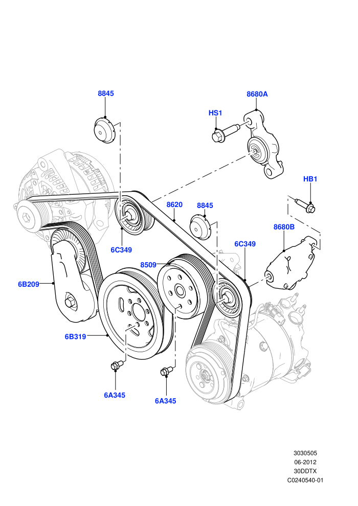 Pulleys And Drive Belts (3.0 V6 D Gen2 Mono Turbo,3.0 V6 D Gen2 Twin Turbo,3.0 V6 D Low MT ROW,3.0L 24V DOHC V6 TC Diesel,3.0L 24V V6 Turbo Diesel Std Flow,8 Speed Auto Trans ZF 8HP70 4WD,Less ACE Suspension)(Front,Solihull Plant Build)((V)TOJA999999 (V)F