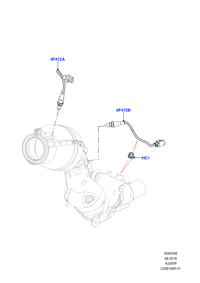 Exhaust Sensors And Modules (2.0L AJ200P Hi PHEV,2.0L I4 High DOHC AJ200 Petrol,EU2,EU6 Emissions,Proconve L6 Emissions,Stage V European Emissions)(Solihull Plant Build)((V)FROMJA000001)