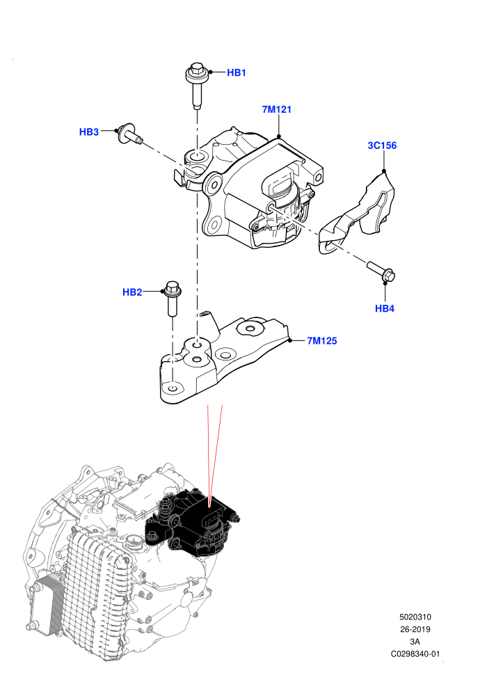 Transmission Mounting (2.0L AJ20P4 Petrol E100 PTA,2.0L AJ20P4 Petrol High PTA,2.0L AJ20P4 Petrol Mid PTA,9 Speed Auto Trans 9HP50,Halewood (UK))((V)FROMLH000001)
