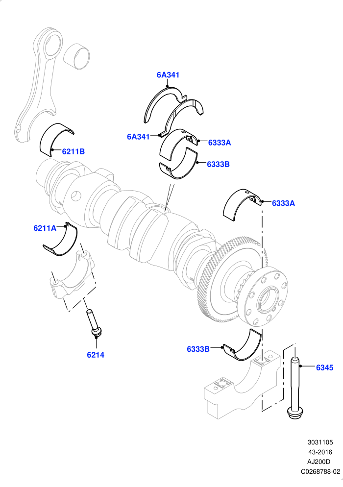 Crankshaft/Pistons And Bearings (2.0L I4 DSL HIGH DOHC AJ200,2.0L I4 DSL MID DOHC AJ200)(Solihull Plant Build)((V)FROMHA000001)