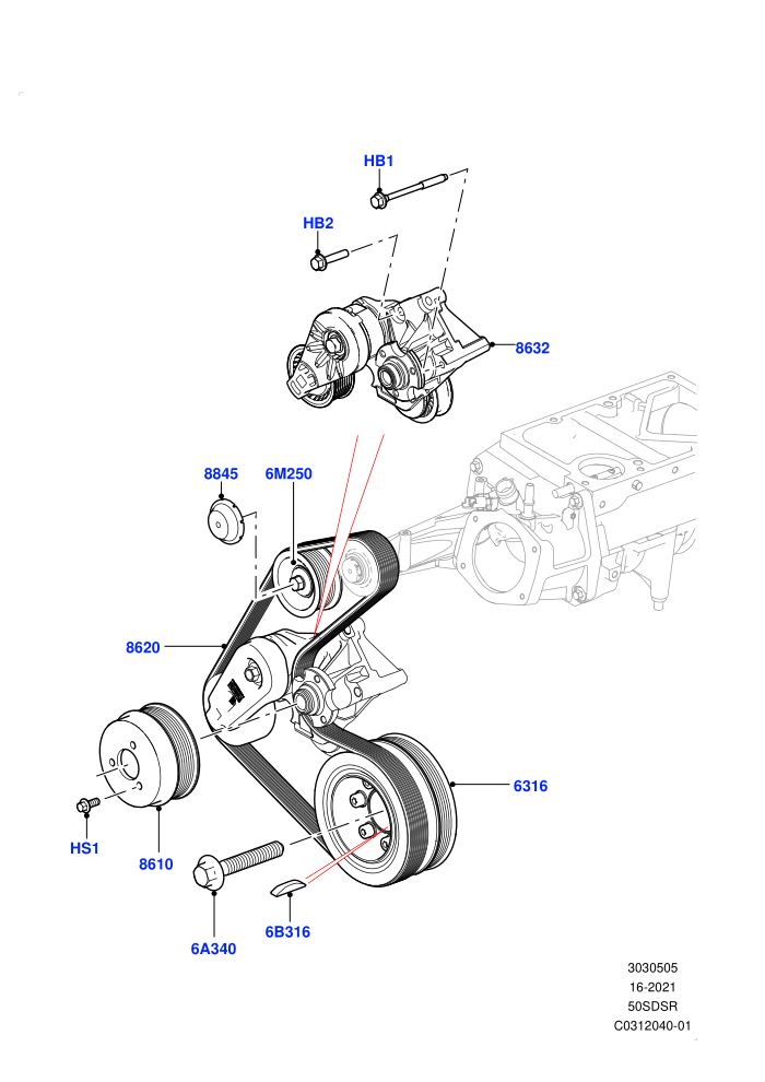 Pulleys And Drive Belts (5.0 Petrol AJ133 DOHC CDA)(Nitra Plant Build,Secondary Drive)((V)FROMM2000001)