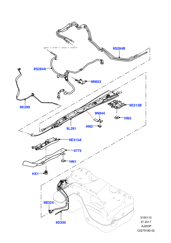 Fuel Lines (2.0L I4 High DOHC AJ200 Petrol,2.0L I4 Mid DOHC AJ200 Petrol,Halewood (UK))(Centre And Front)((V)FROMJH000001)