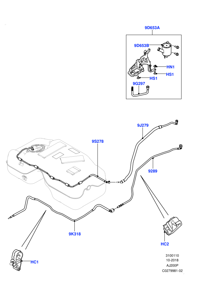 Fuel Lines ((-)CDN/MEX/USA,2.0L I4 High DOHC AJ200 Petrol,2.0L I4 Mid AJ200 Petrol E100,2.0L I4 Mid DOHC AJ200 Petrol,Fuel Tank Filler Neck - Unleaded,Halewood (UK))(Rear)((V)TOJH999999 (V)FROMJH000001)