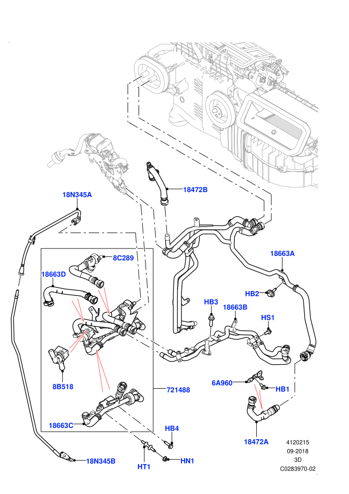 Heater Hoses (2.0L I4 High DOHC AJ200 Petrol,With Air Conditioning - Front/Rear,With Fuel Fired Heater)(Solihull Plant Build)((V)TOJA999999 (V)FROMJA000001)