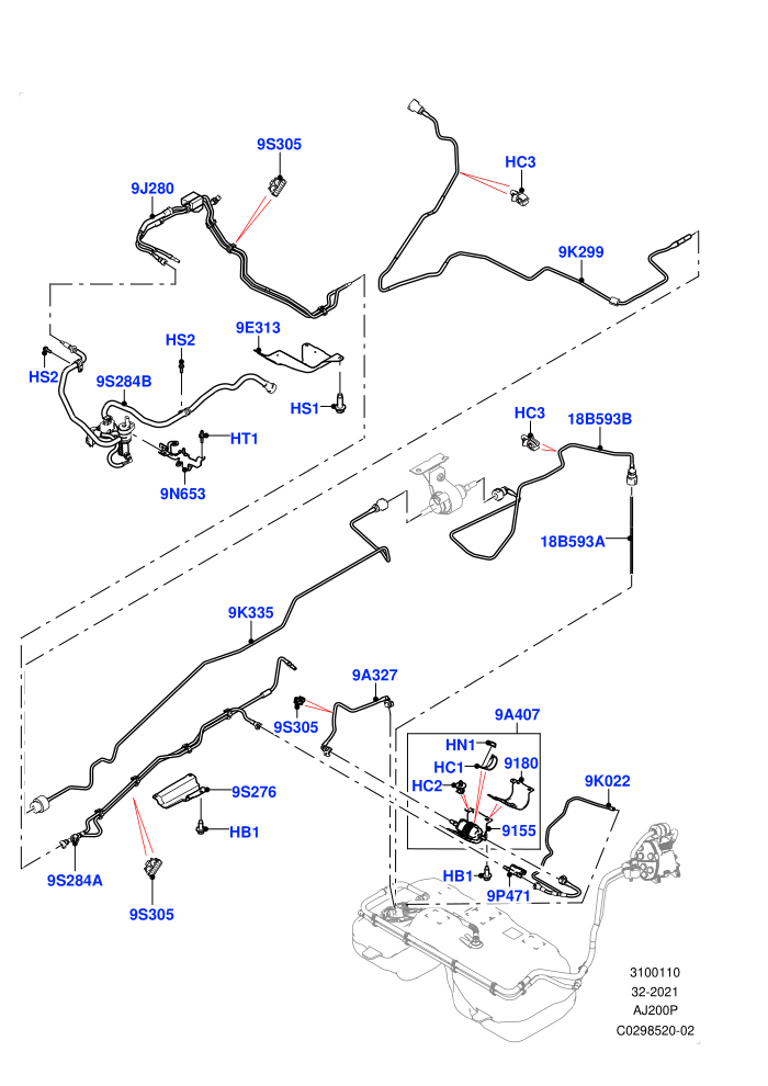 Fuel Lines (2.0L AJ20P4 Petrol E100 PTA,Halewood (UK),Pet Tank - Flex Fuel)((V)FROMLH033495)