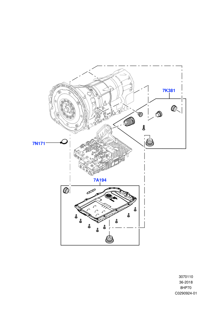 Transmission External Components (3.0 V6 Diesel,3.0L DOHC GDI SC V6 PETROL,4.4L DOHC DITC V8 Diesel,5.0 Petrol AJ133 DOHC CDA,5.0L OHC SGDI NA V8 Petrol - AJ133,5.0L OHC SGDI SC V8 Petrol - AJ133,8 Speed Auto Trans ZF 8HP70 4WD)(Nitra Plant Build)((V)FROM