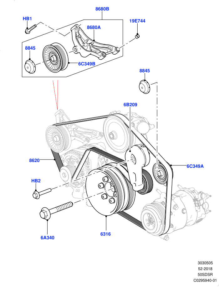Pulleys And Drive Belts (5.0 Litre supercharged enhanced,5.0 Petrol AJ133 DOHC CDA,With Four Corner Air Suspension,With Performance Suspension)(Primary Drive)((V)FROMKA000001)