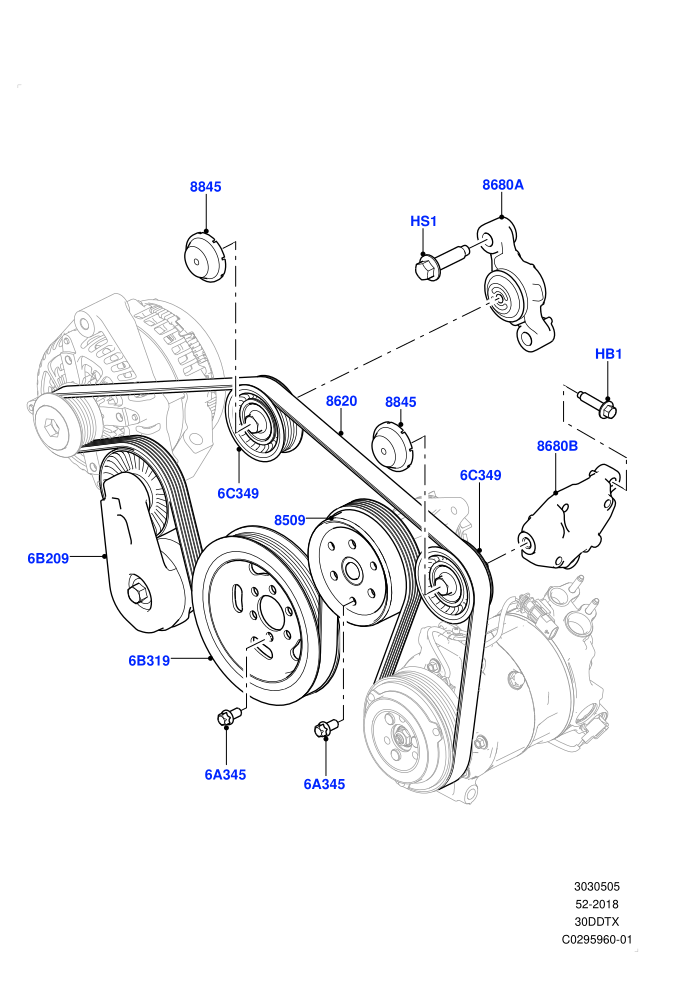 Pulleys And Drive Belts (3.0 V6 D Gen2 Mono Turbo,3.0 V6 D Gen2 Twin Turbo,3.0 V6 D Low MT ROW)(Front,Solihull Plant Build)((V)FROMHA000001)