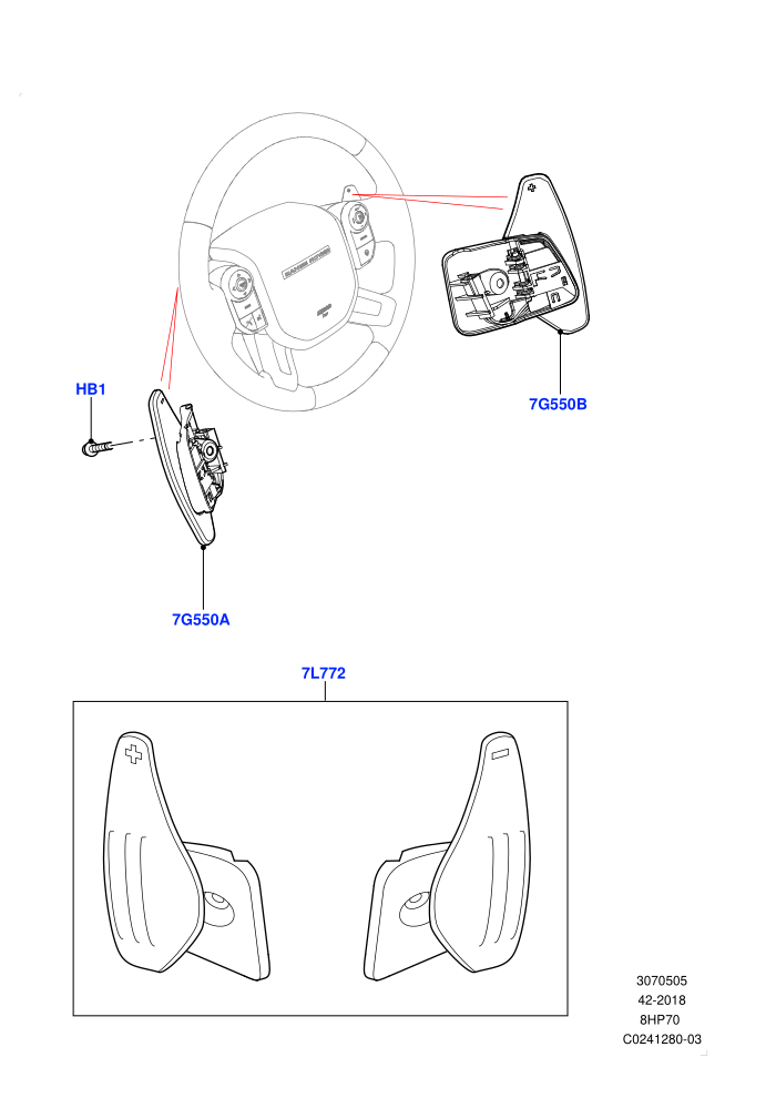 Gear Change-Automatic Transmission (8 Speed Auto Trans ZF 8HP70 4WD,8 Speed Auto Trans ZF 8HP70 HEV 4WD,Paddle Shift,Paddle shift - Aluminium,Paddle Shift - Noble)(Solihull Plant Build,Steering Wheel)((V)FROMAA000001)